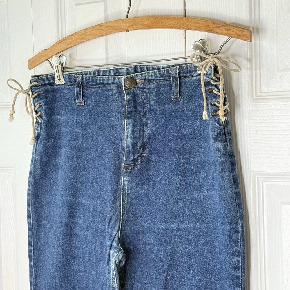 Vtg Y2K Mudd Lace Up Side Flare Jeans Size 16 Blue Dark Wash Boho Festival Bell - Picture 3 of 13